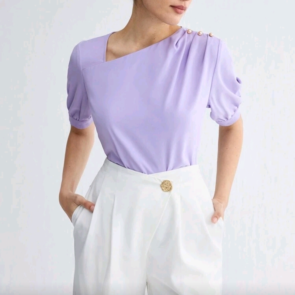Lavender Asymmetrical Lapel Blouse with Button Detail